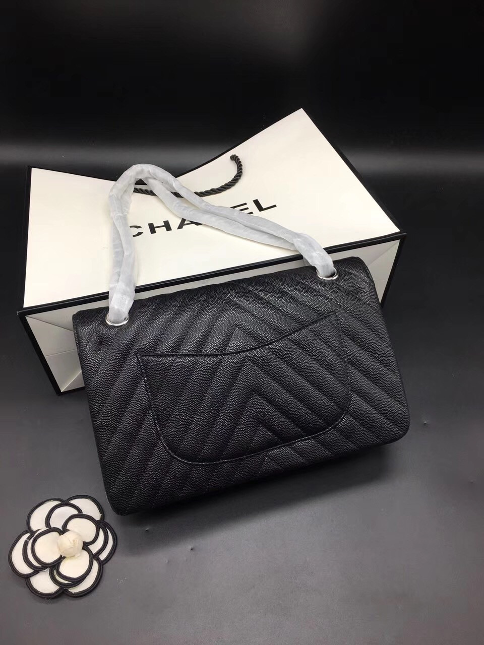 Ch**el Flap Bag Caviar Black Bag 25cm with Silver Hardware