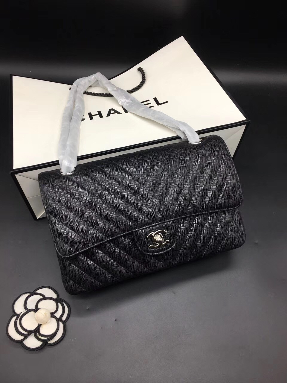 Ch**el Flap Bag Caviar Black Bag 25cm with Silver Hardware