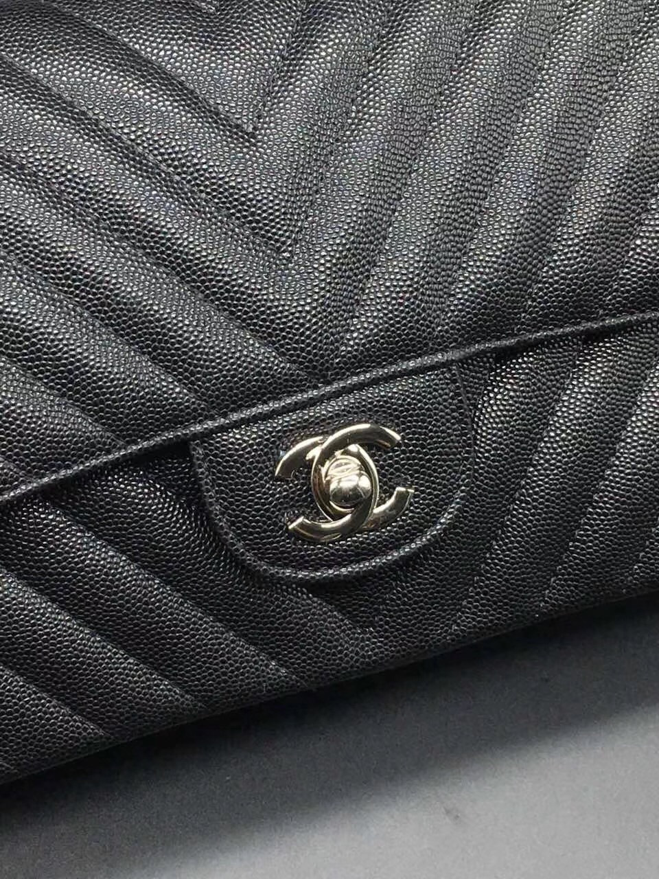 Ch**el Flap Bag Caviar Black Bag 25cm with Silver Hardware