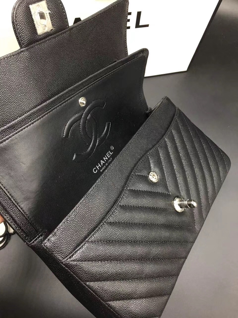 Ch**el Flap Bag Caviar Black Bag 25cm with Silver Hardware