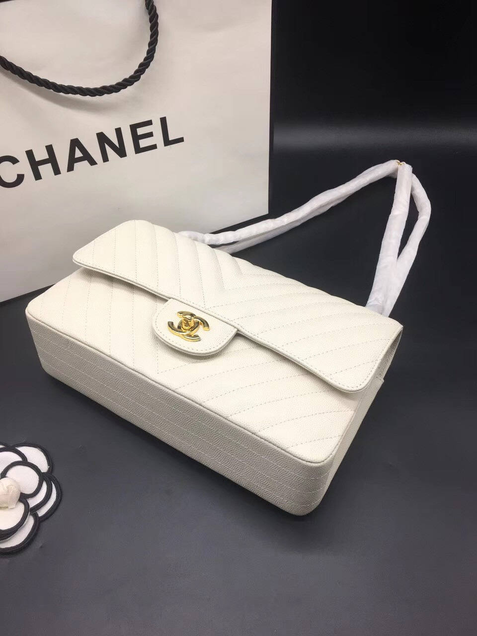 Ch**el Flap Bag Caviar White Bag 25cm with Gold Hardware