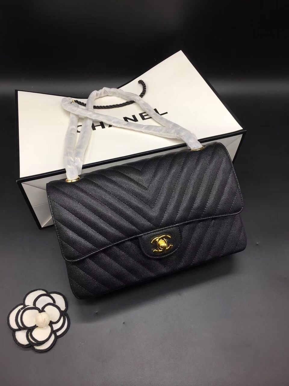 Ch**el Flap Bag Caviar Black Bag 25cm with Gold Hardware