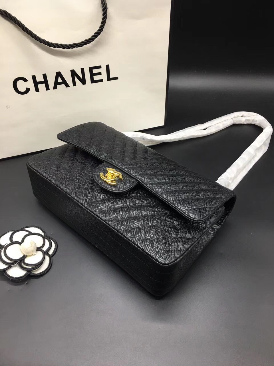 Ch**el Flap Bag Caviar Black Bag 25cm with Gold Hardware