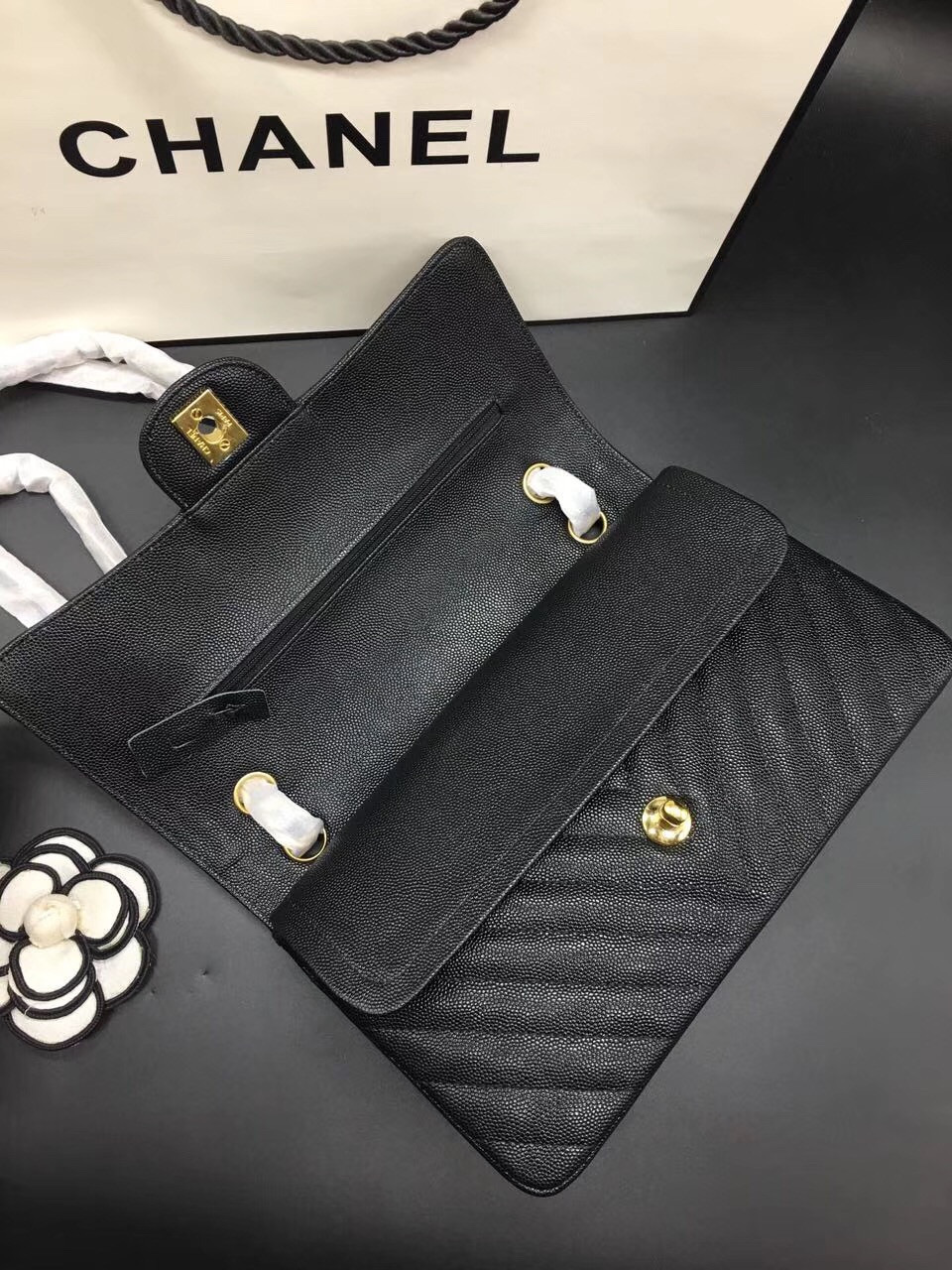 Ch**el Flap Bag Caviar Black Bag 25cm with Gold Hardware