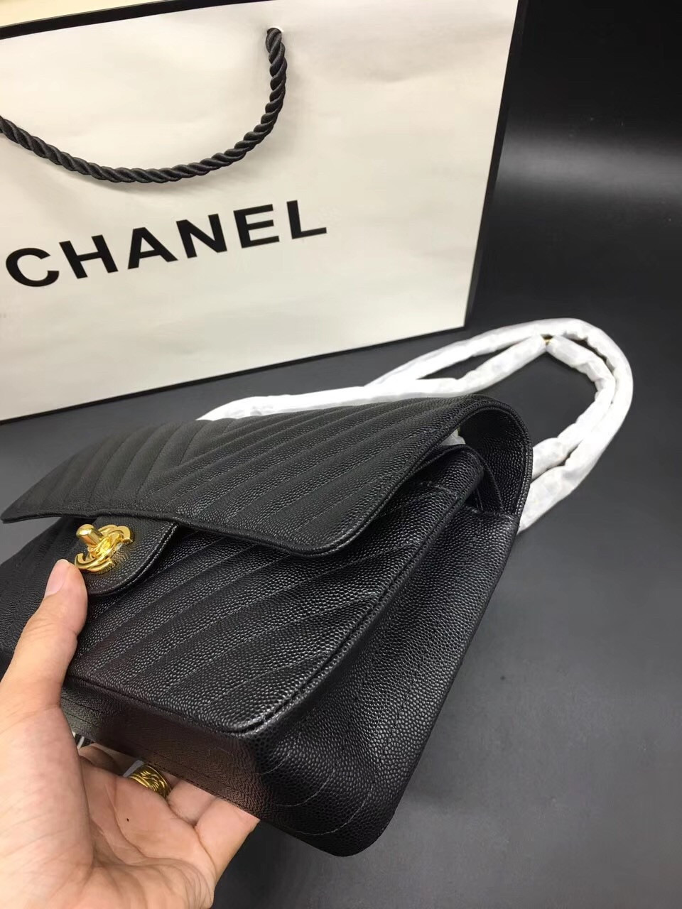 Ch**el Flap Bag Caviar Black Bag 25cm with Gold Hardware