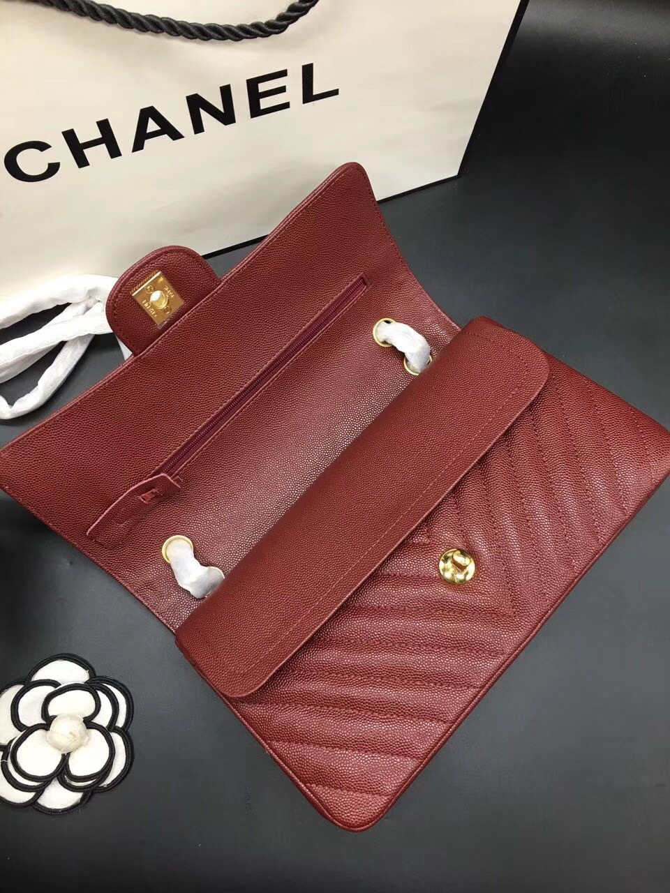 Ch**el Flap Bag Caviar Red Bag 25cm with Gold Hardware