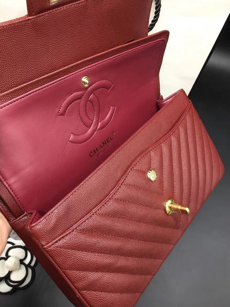 Ch**el Flap Bag Caviar Red Bag 25cm with Gold Hardware