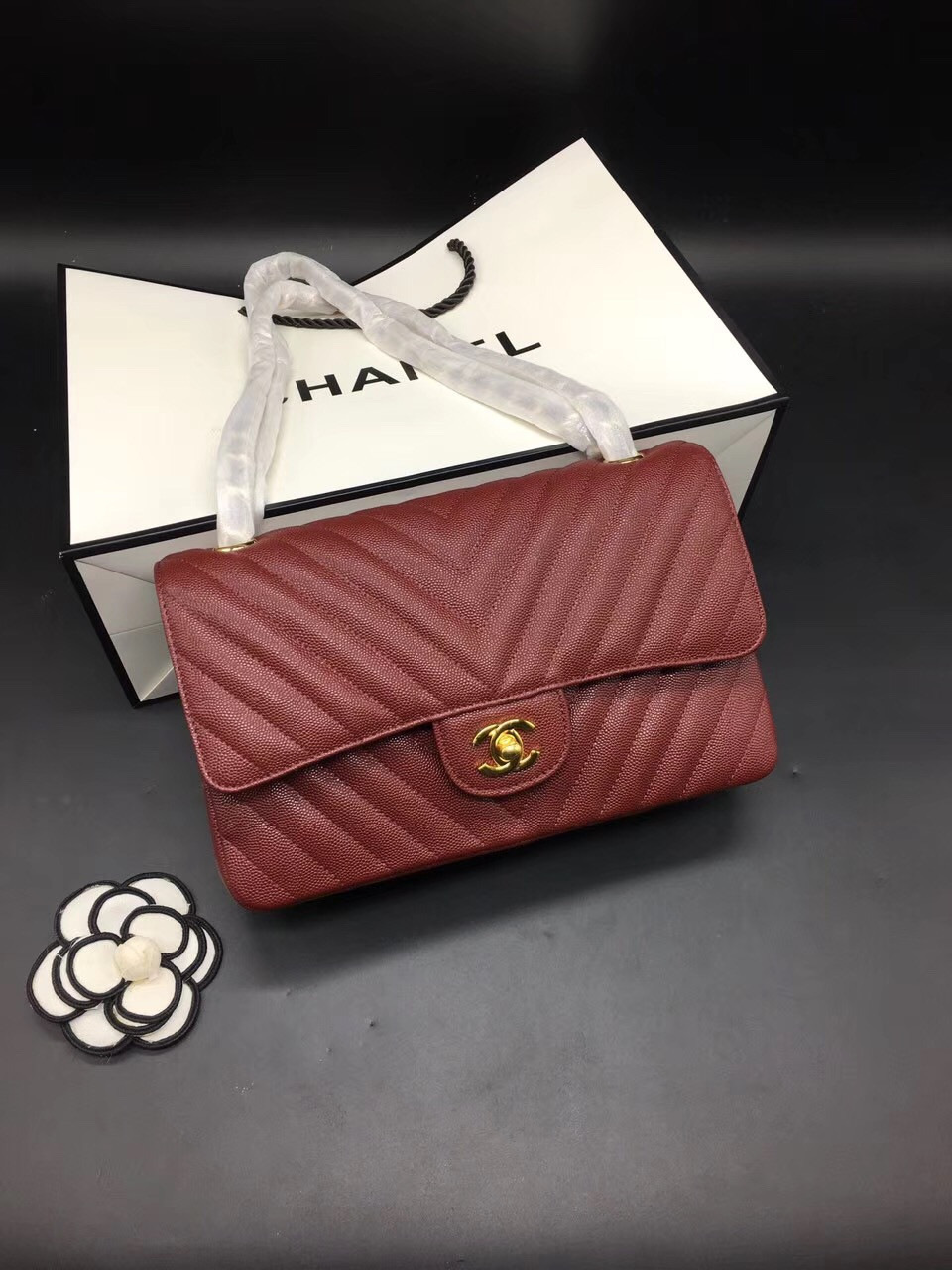 Ch**el Flap Bag Caviar Red Bag 25cm with Gold Hardware