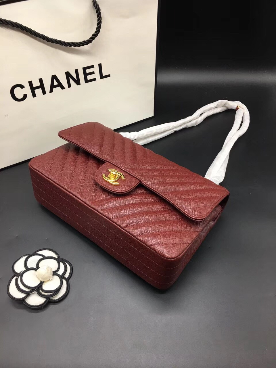 Ch**el Flap Bag Caviar Red Bag 25cm with Gold Hardware