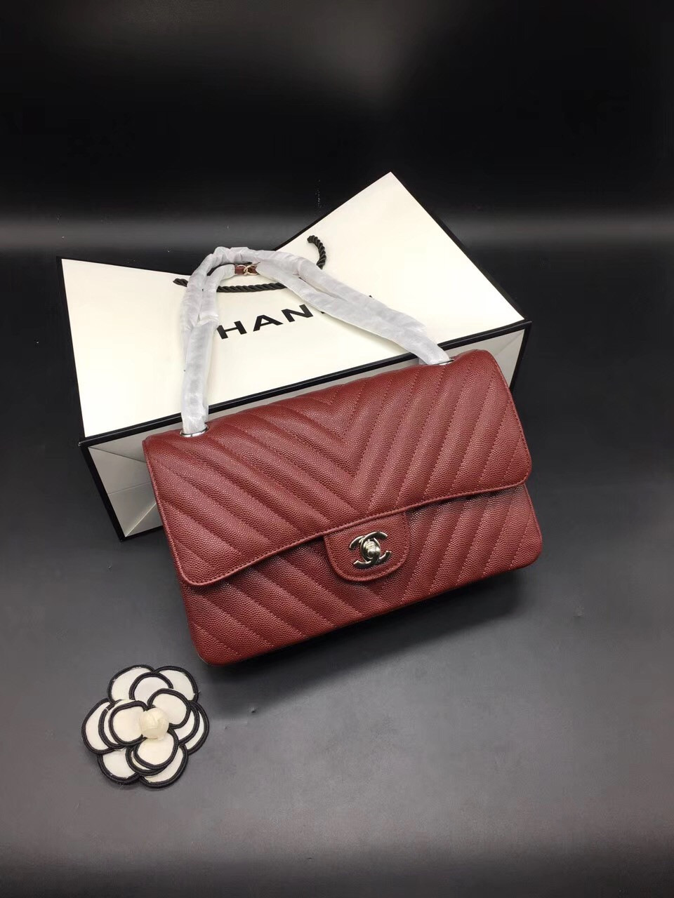 Ch**el Flap Bag Caviar Red Bag 25cm with Silver Hardware