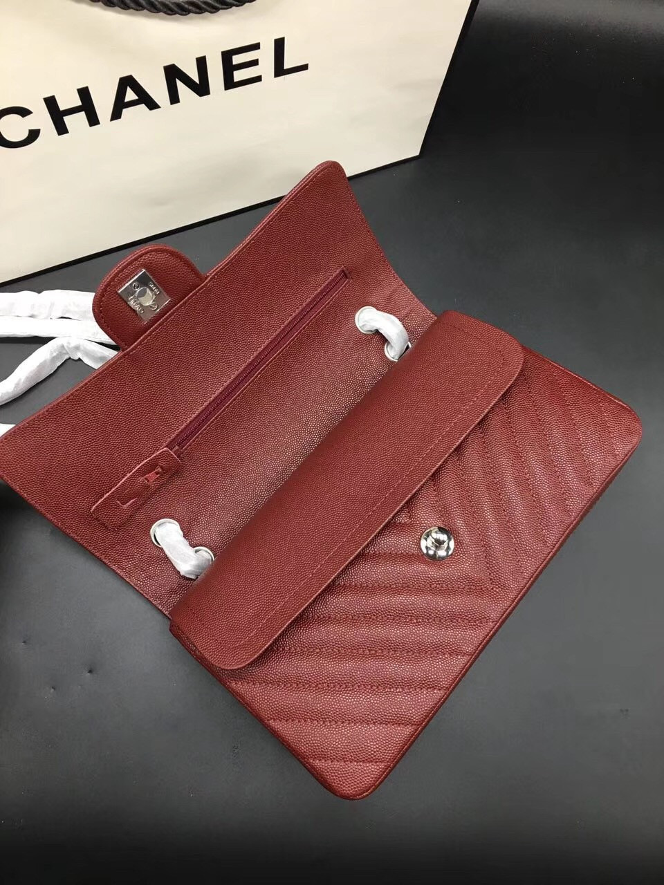 Ch**el Flap Bag Caviar Red Bag 25cm with Silver Hardware