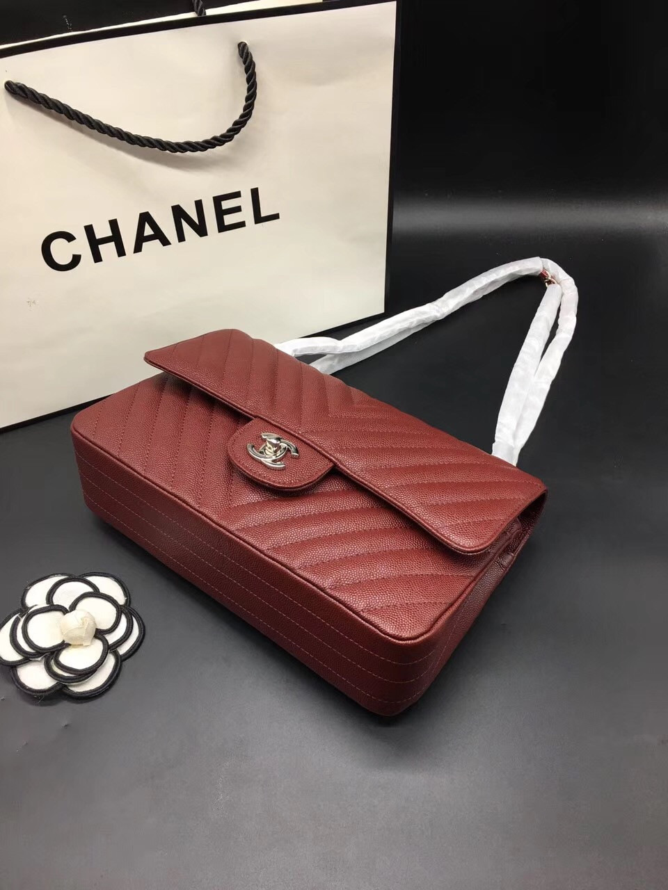 Ch**el Flap Bag Caviar Red Bag 25cm with Silver Hardware