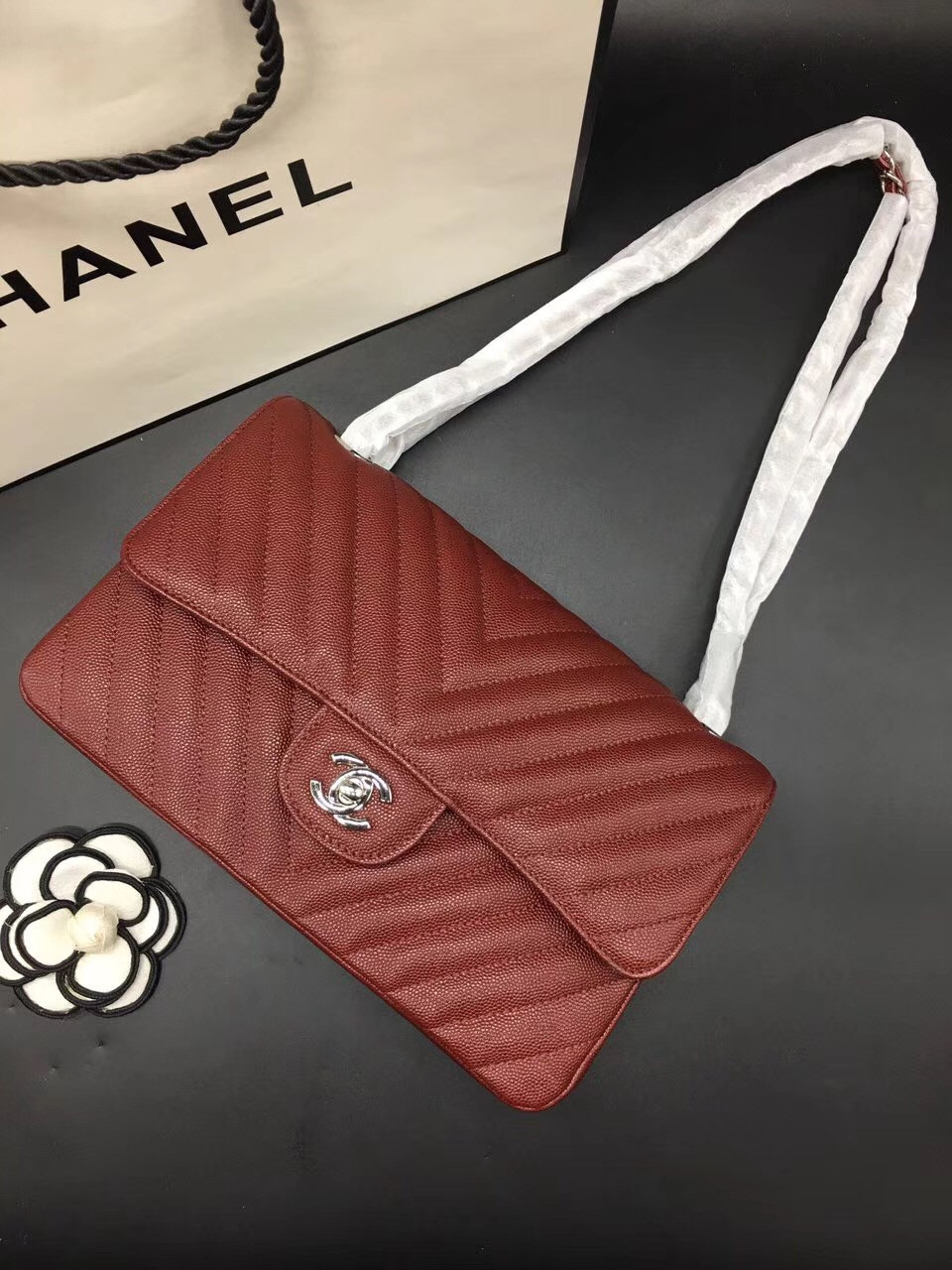 Ch**el Flap Bag Caviar Red Bag 25cm with Silver Hardware