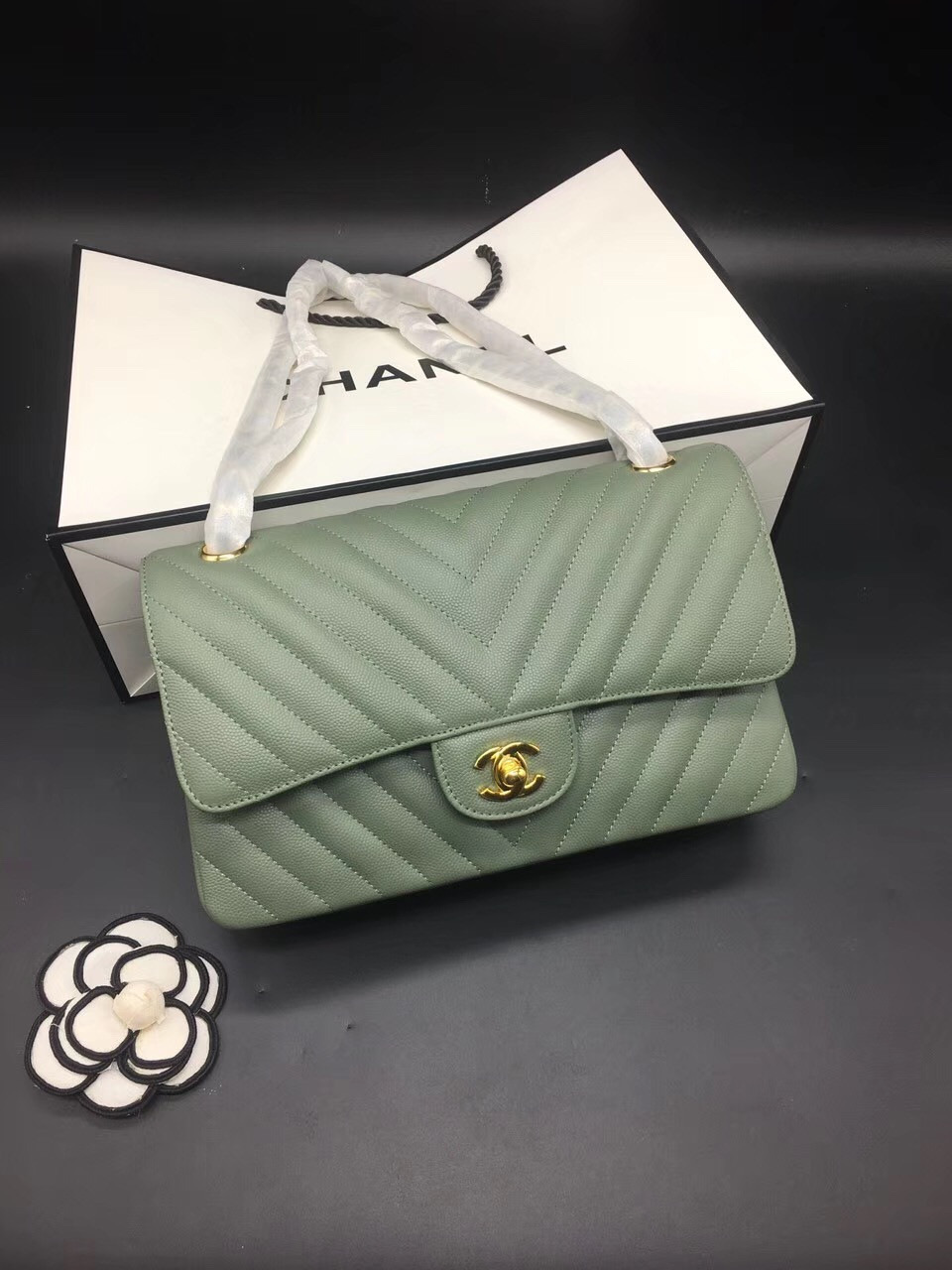Ch**el Flap Bag Caviar Light Green Bag 25cm with Gold Hardware