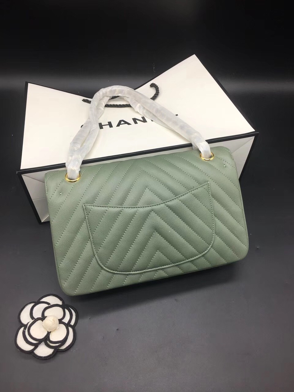 Ch**el Flap Bag Caviar Light Green Bag 25cm with Gold Hardware