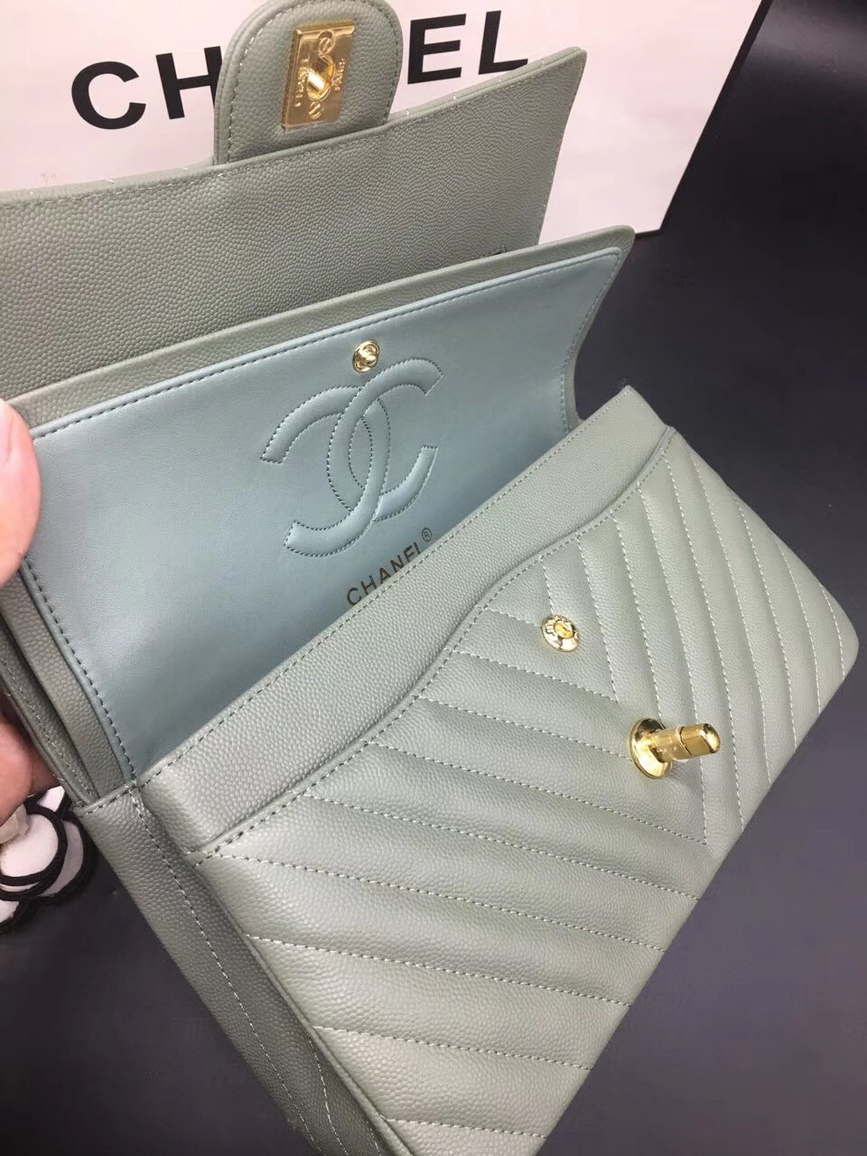 Ch**el Flap Bag Caviar Light Green Bag 25cm with Gold Hardware