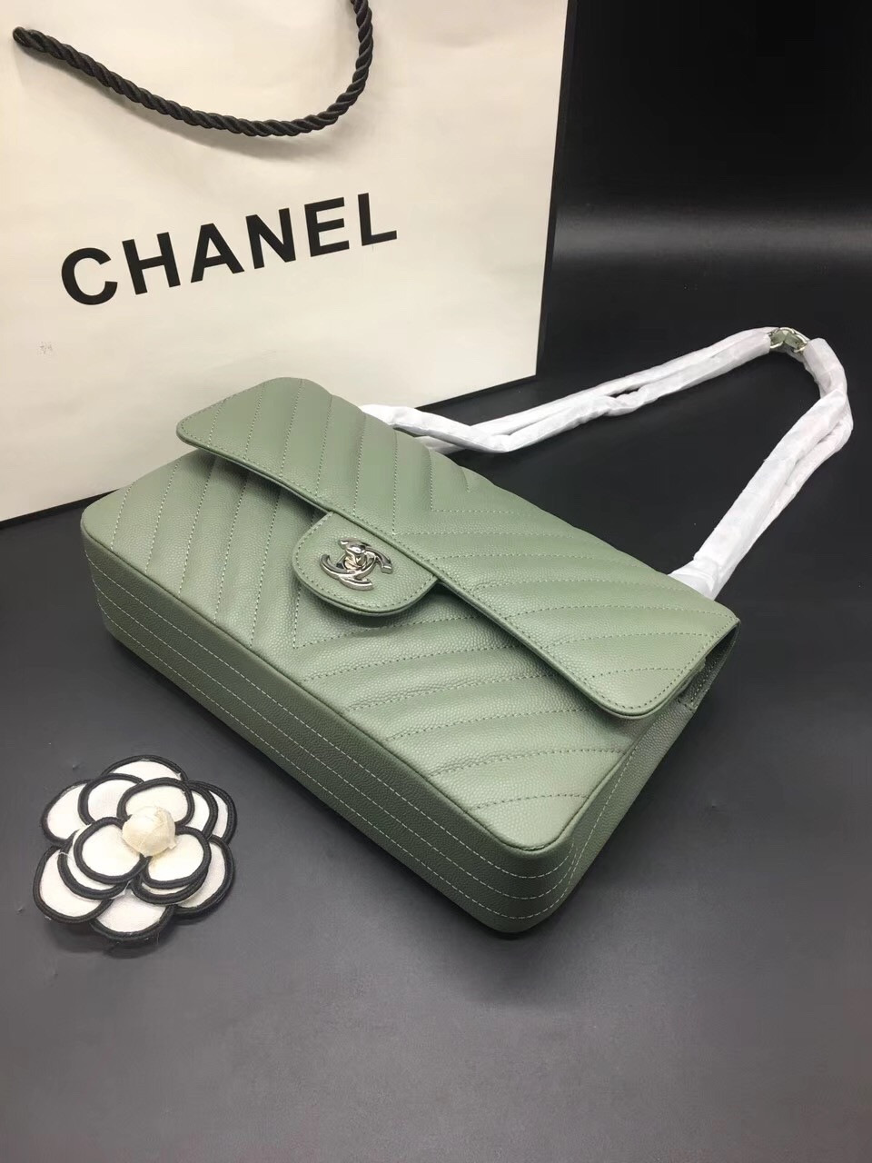 Ch**el Flap Bag Caviar Light Green Bag 25cm with Silver Hardware