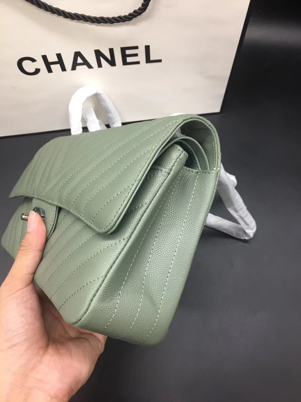 Ch**el Flap Bag Caviar Light Green Bag 25cm with Silver Hardware