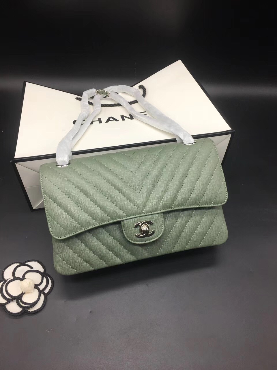 Ch**el Flap Bag Caviar Light Green Bag 25cm with Silver Hardware