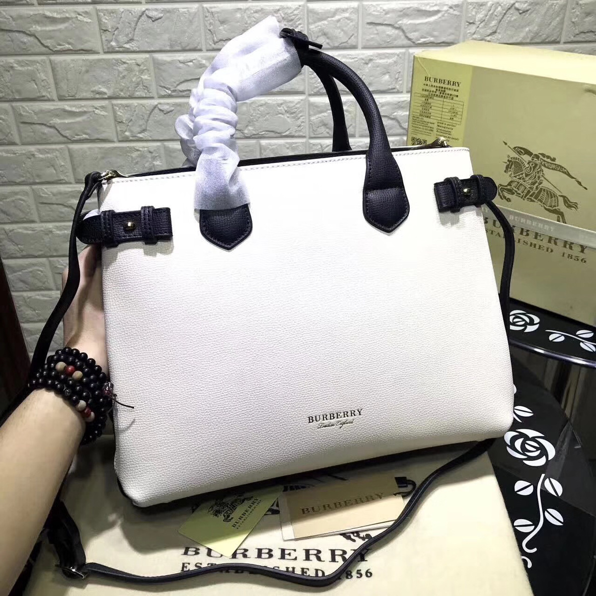 Bv*b*rry Classic Leather Tote Bag with White