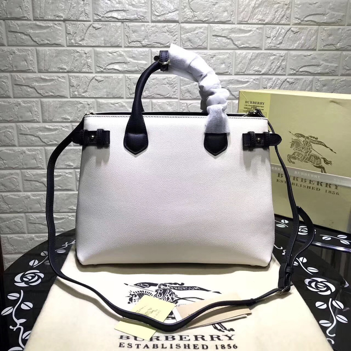 Bv*b*rry Classic Leather Tote Bag with White