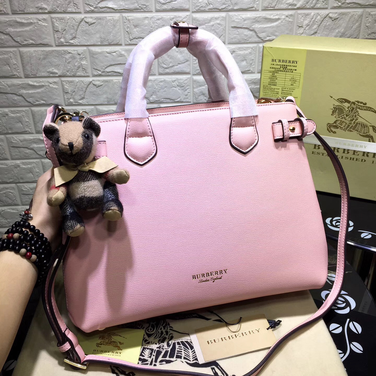 Bv*b*rry Classic Leather Tote Bag with Pink