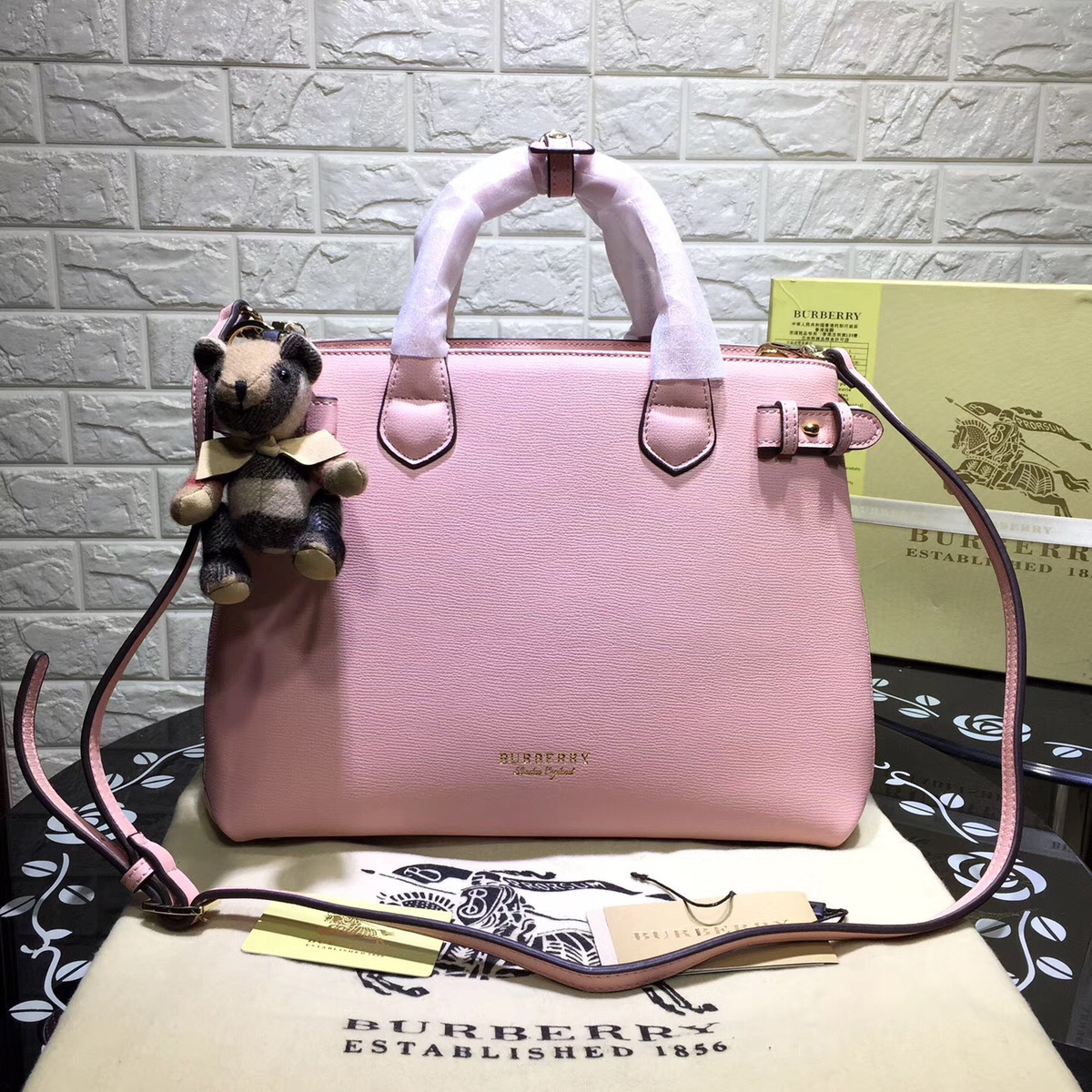 Bv*b*rry Classic Leather Tote Bag with Pink