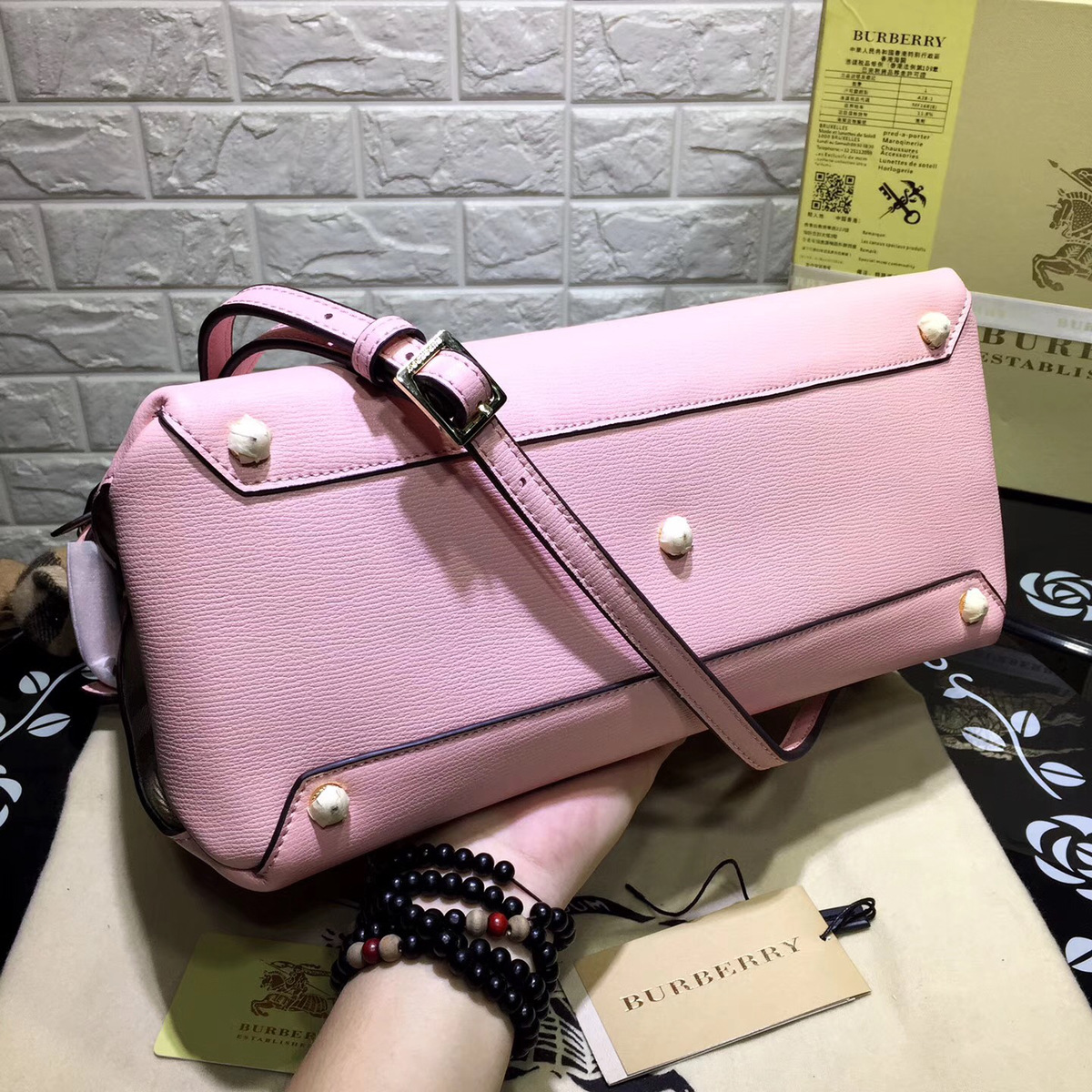 Bv*b*rry Classic Leather Tote Bag with Pink