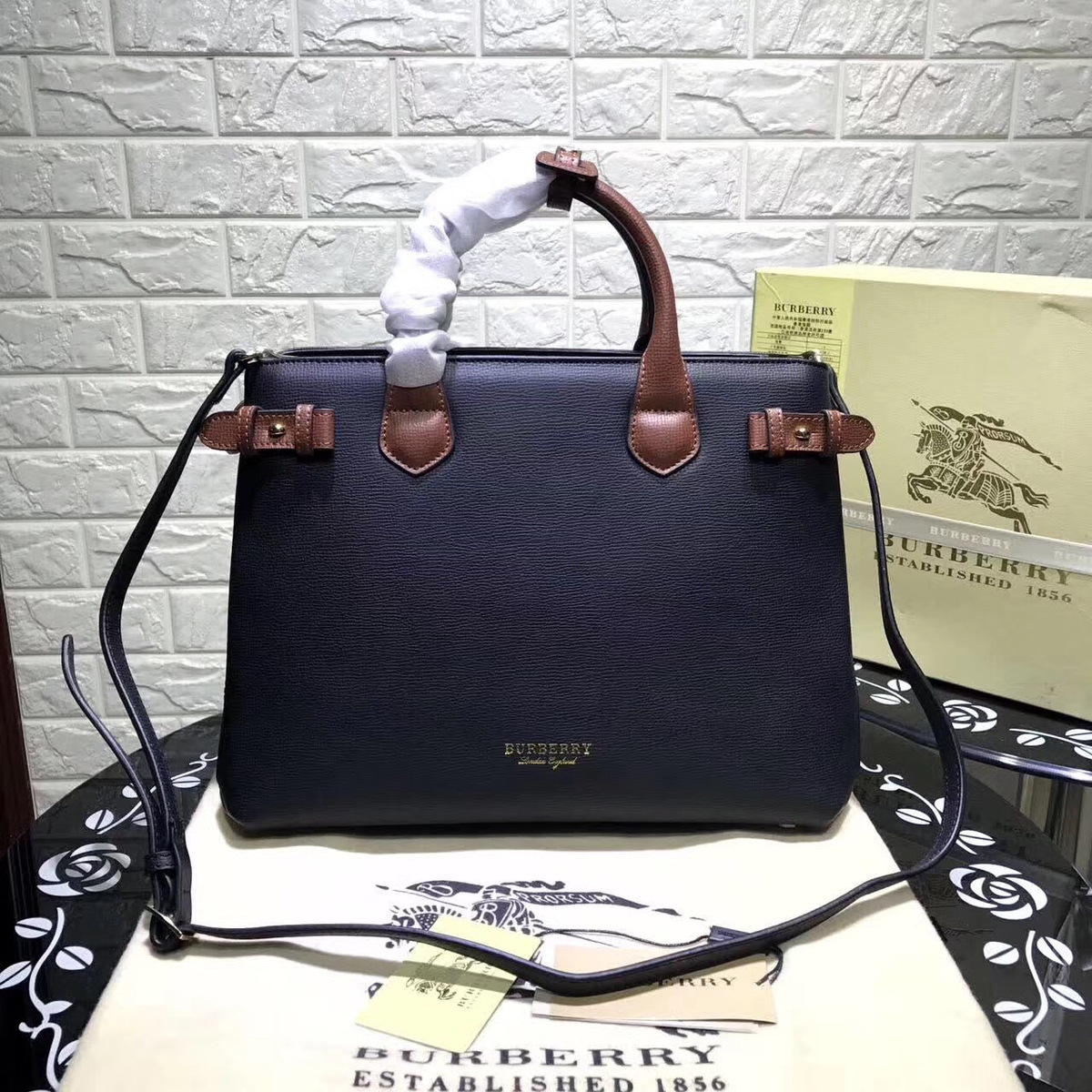 Bv*b*rry Classic Leather Tote Bag with Black and Brown
