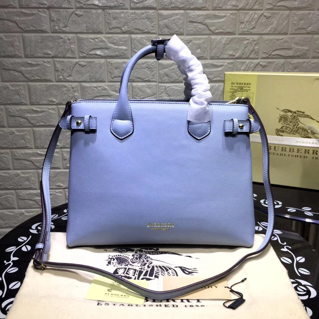 Bv*b*rry Classic Leather Tote Bag with Light Blue