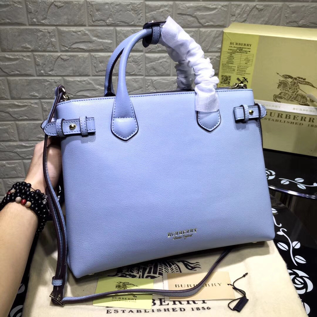 Bv*b*rry Classic Leather Tote Bag with Light Blue