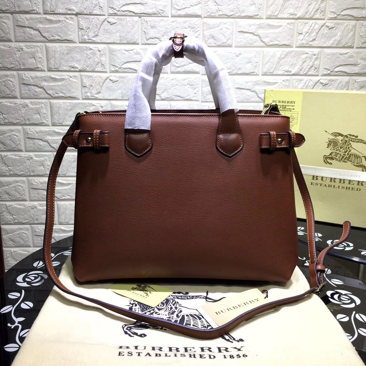 Bv*b*rry Classic Leather Tote Bag with Brown