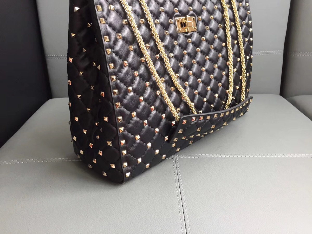 Va1e*ntin0 original lambskin spike tote bag with Black