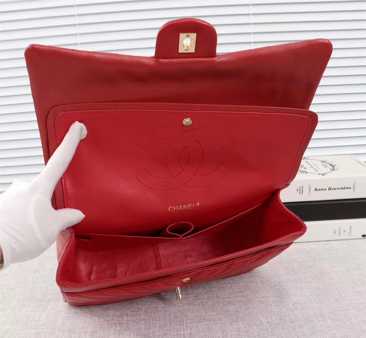 Ch**el original lambskin double flap bag Red 33cm with Gold hardware