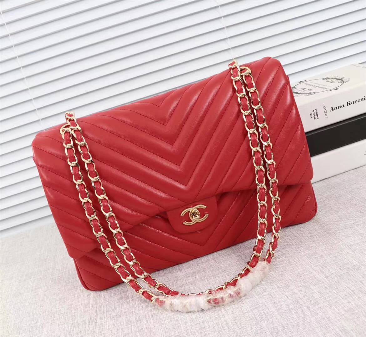 Ch**el original lambskin double flap bag Red 33cm with Gold hardware