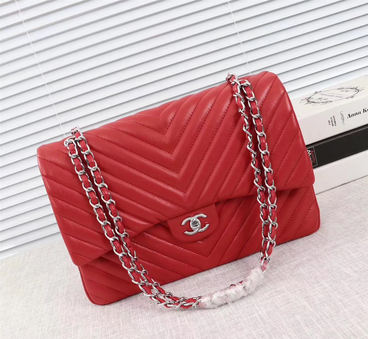 Ch**el original lambskin double flap bag Red 33cm with Silver hardware