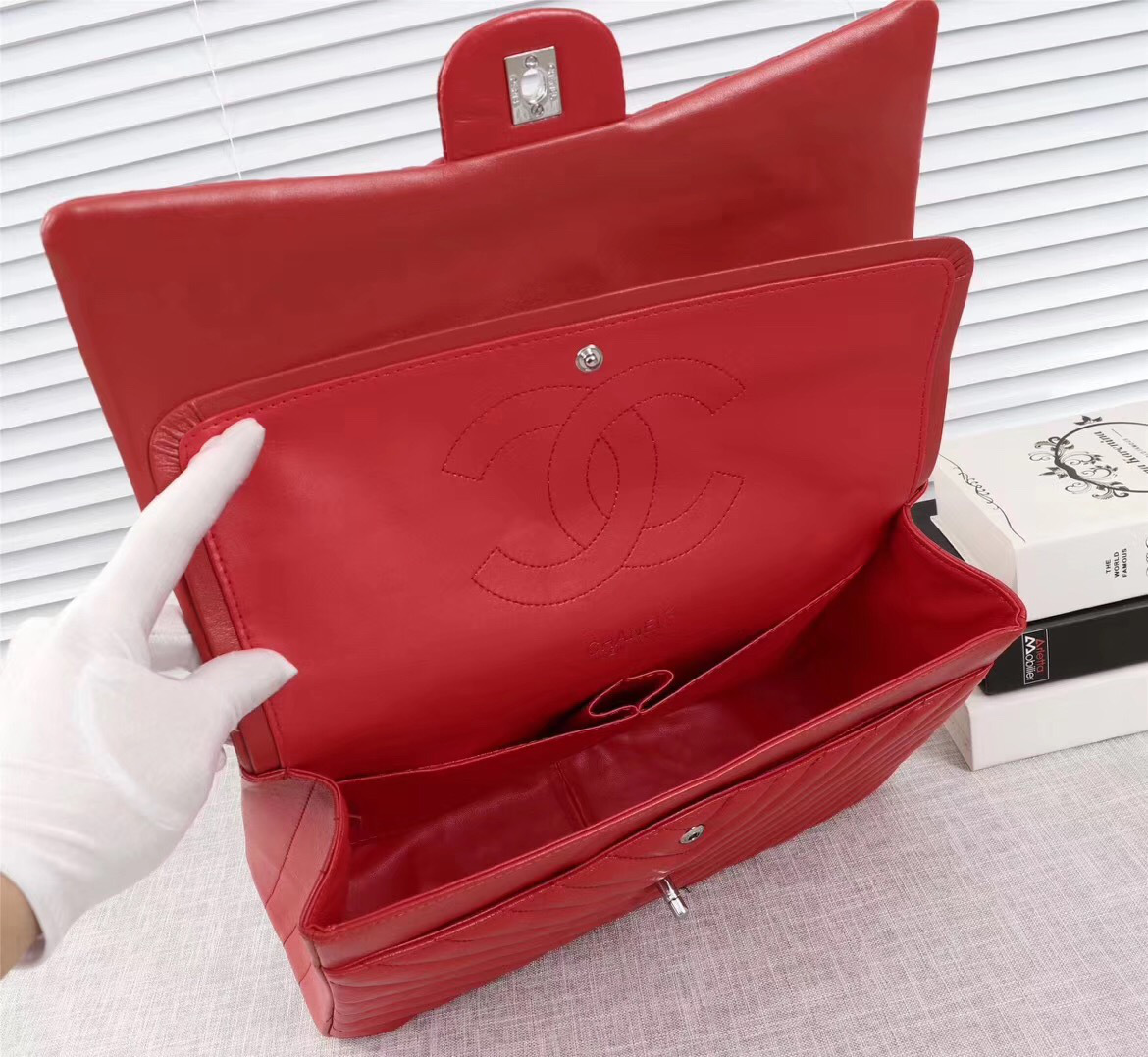 Ch**el original lambskin double flap bag Red 33cm with Silver hardware
