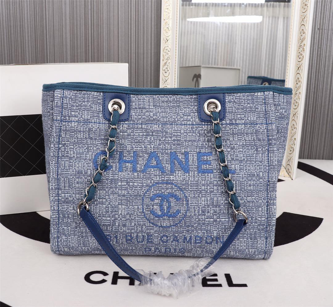 Ch**el original canvas large shopping bag Blue 32cm