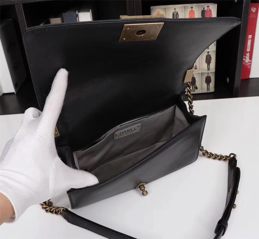 Ch**el Boy Bag Lambskin Leather Black with gold hardware