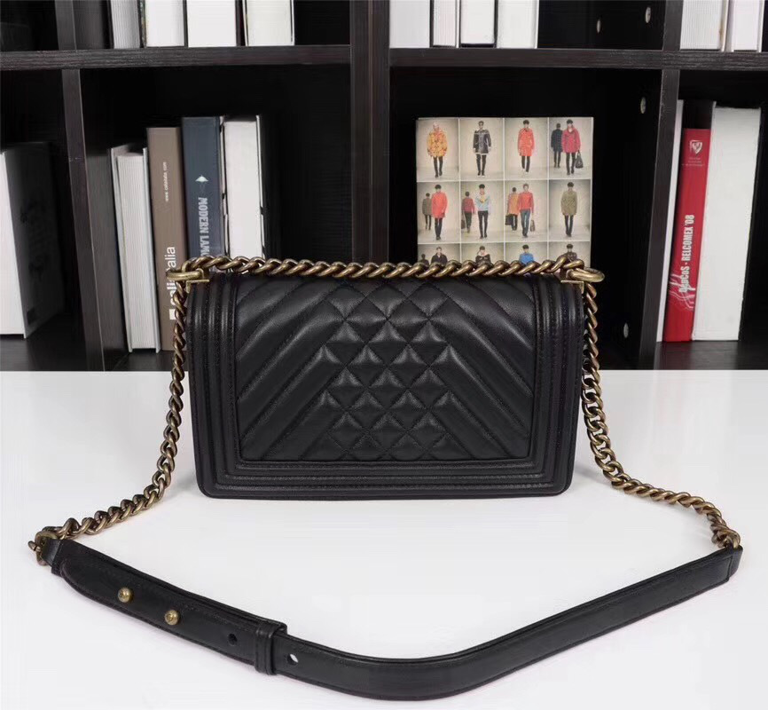 Ch**el Boy Bag Lambskin Leather Black with gold hardware