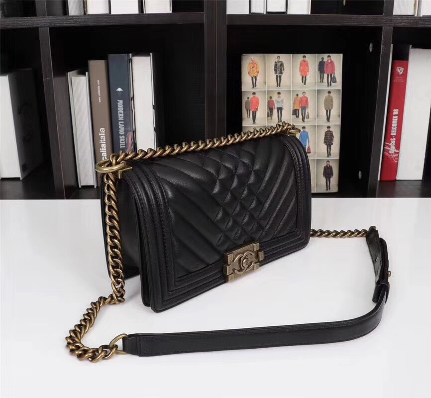 Ch**el Boy Bag Lambskin Leather Black with gold hardware