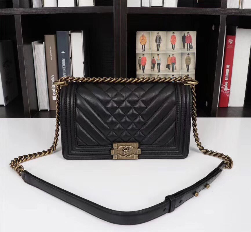 Ch**el Boy Bag Lambskin Leather Black with gold hardware
