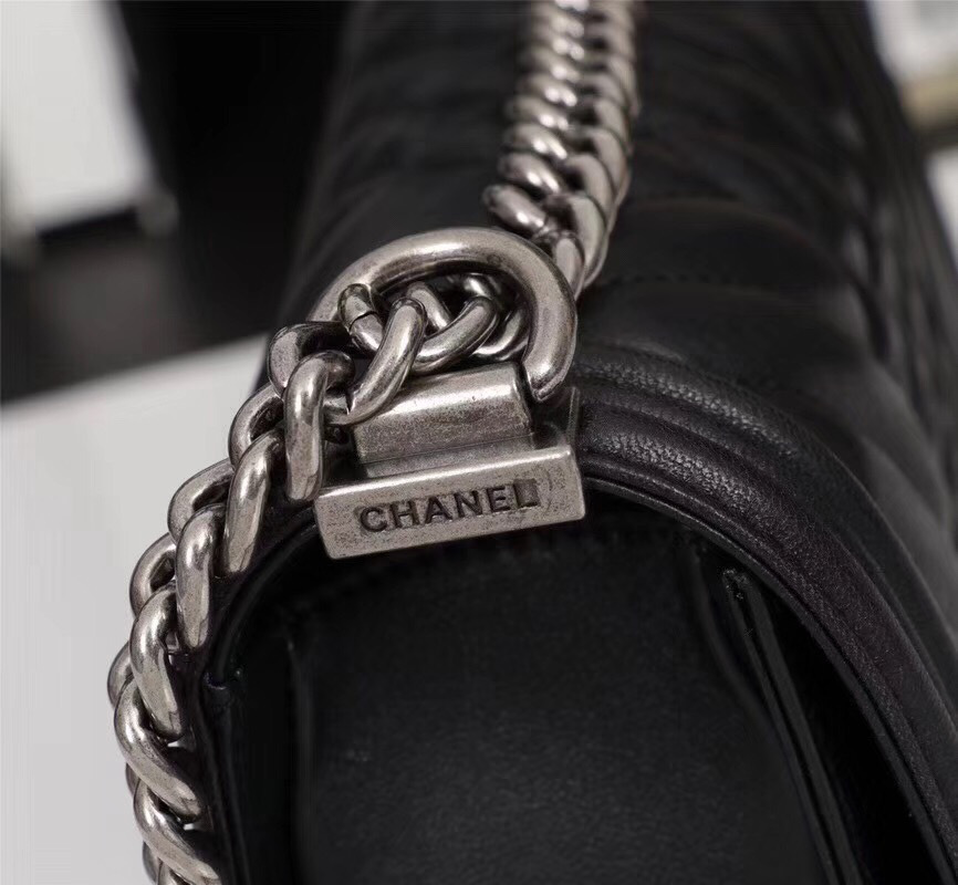 Ch**el Boy Bag Lambskin Leather Black with silver hardware