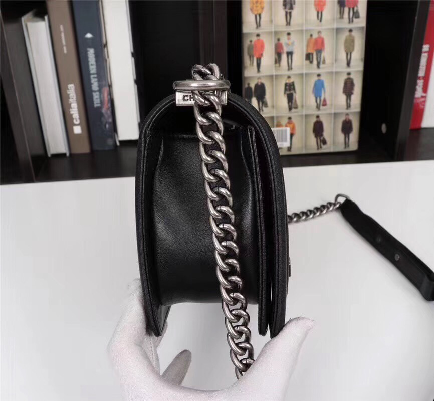Ch**el Boy Bag Lambskin Leather Black with silver hardware