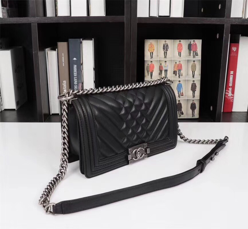 Ch**el Boy Bag Lambskin Leather Black with silver hardware