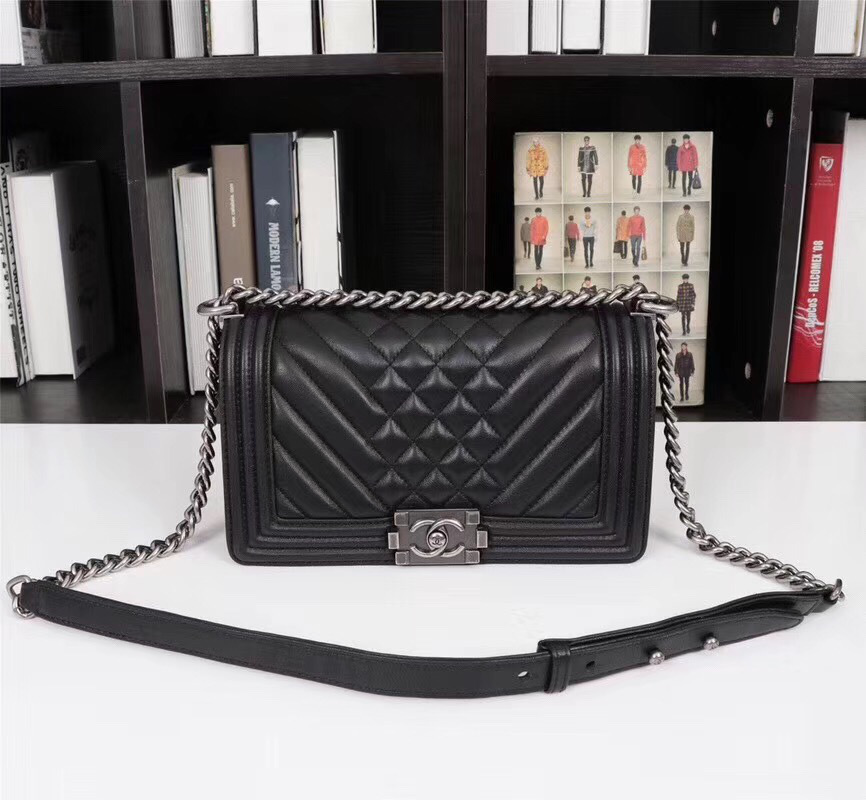Ch**el Boy Bag Lambskin Leather Black with silver hardware