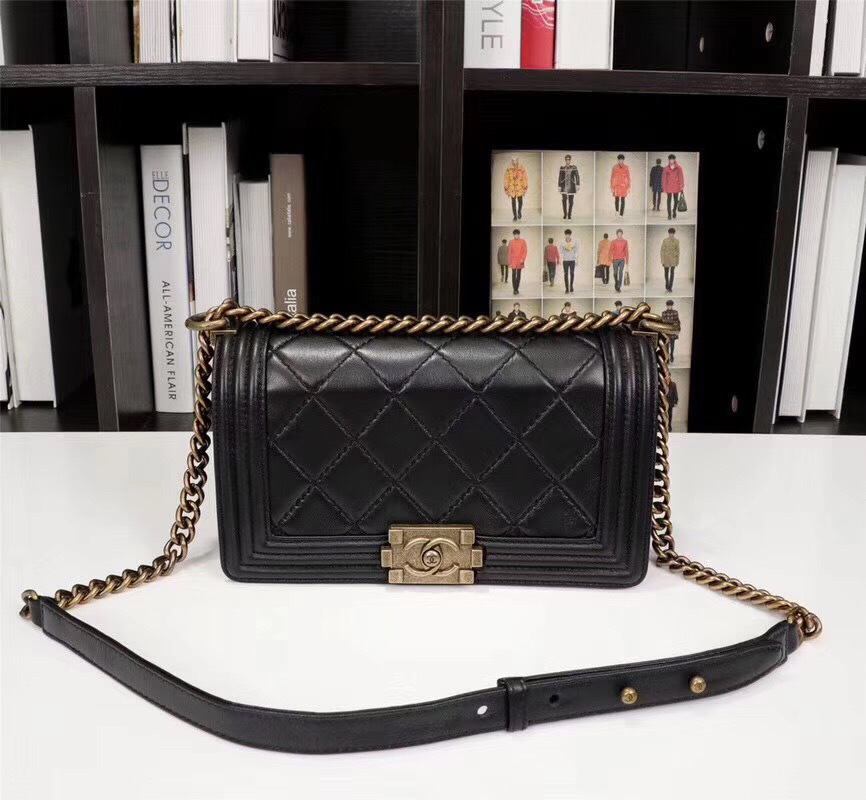 Ch**el Boy Bag Lambskin Leather in Black gold hardware