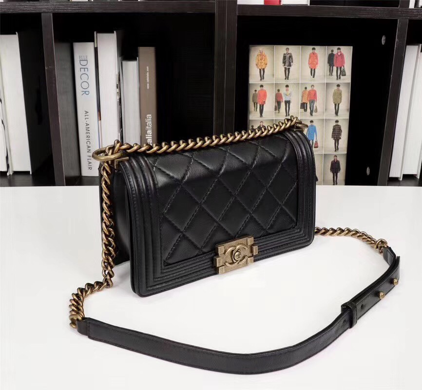 Ch**el Boy Bag Lambskin Leather in Black gold hardware