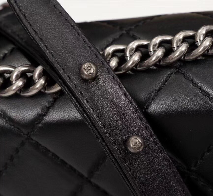 Ch**el Boy Bag Lambskin Leather in Black with silver hardware