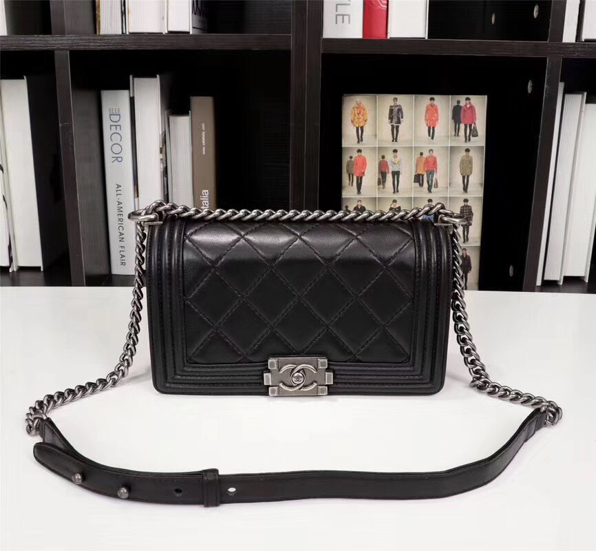 Ch**el Boy Bag Lambskin Leather in Black with silver hardware